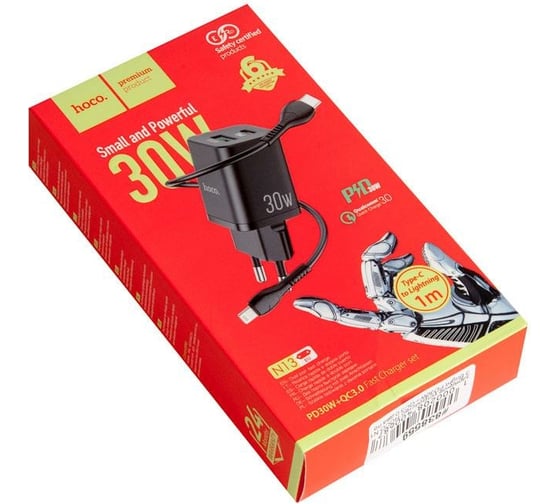 Зарядное устройство Hoco N13 Bright PD30W+QC3.0 два порта 1хUSB-A, 1хType-C, кабель Type-C - Lightning, черный 838559