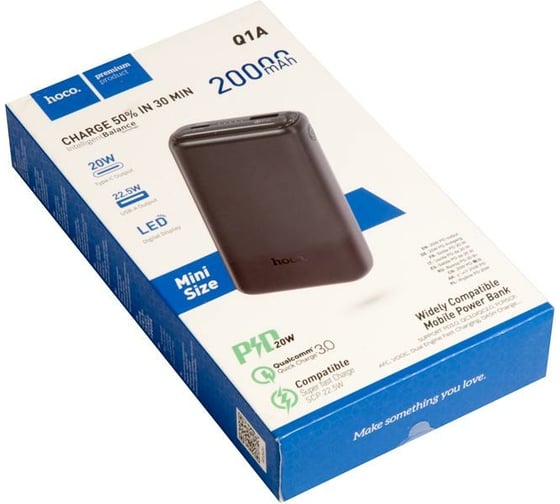 Внешний аккумулятор Hoco Q1A Kraft быстрая зарядка QC3.0, PD20, USB-A 22,5W 20000mAh, черный 802209