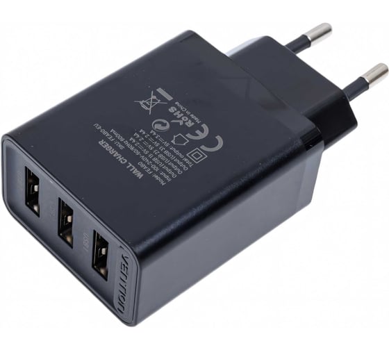 Сетевое зарядное устройство VENTION на 3 порта USB 2.4A, черный, 1 шт. FEAB0-EU