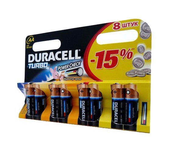 Батарейка пальчиковая LR MX 1500/LR6 Turbo Max 8шт Duracell 222398