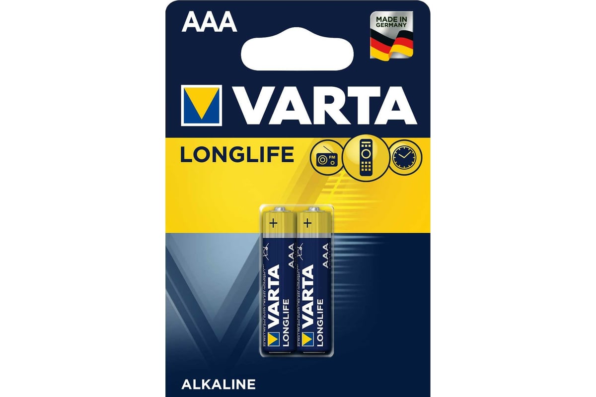 Батарейка Varta LONGLIFE LR03 AAA BL2 Alkaline 1.5V (4103) 04103101412 -  выгодная цена, отзывы, характеристики, фото - купить в Москве и РФ