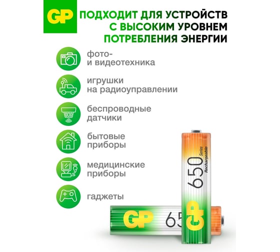 Бытовой аккумулятор GP никель-металлгидридный NiMH 650 мАч блистер 65AAAHC-BC2/65AAAHC-2DECRC2/65AAAHC-BL2/65AAAHC-UC2 65AAAHC-2DECRC2 15497464