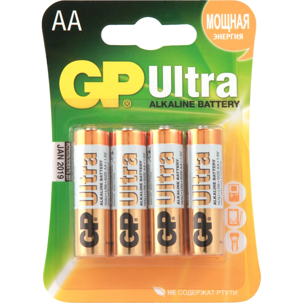 Батарейки GP АА пальчиковые алкалиновые Ultra Alkaline G-Tech, набор 4 ...