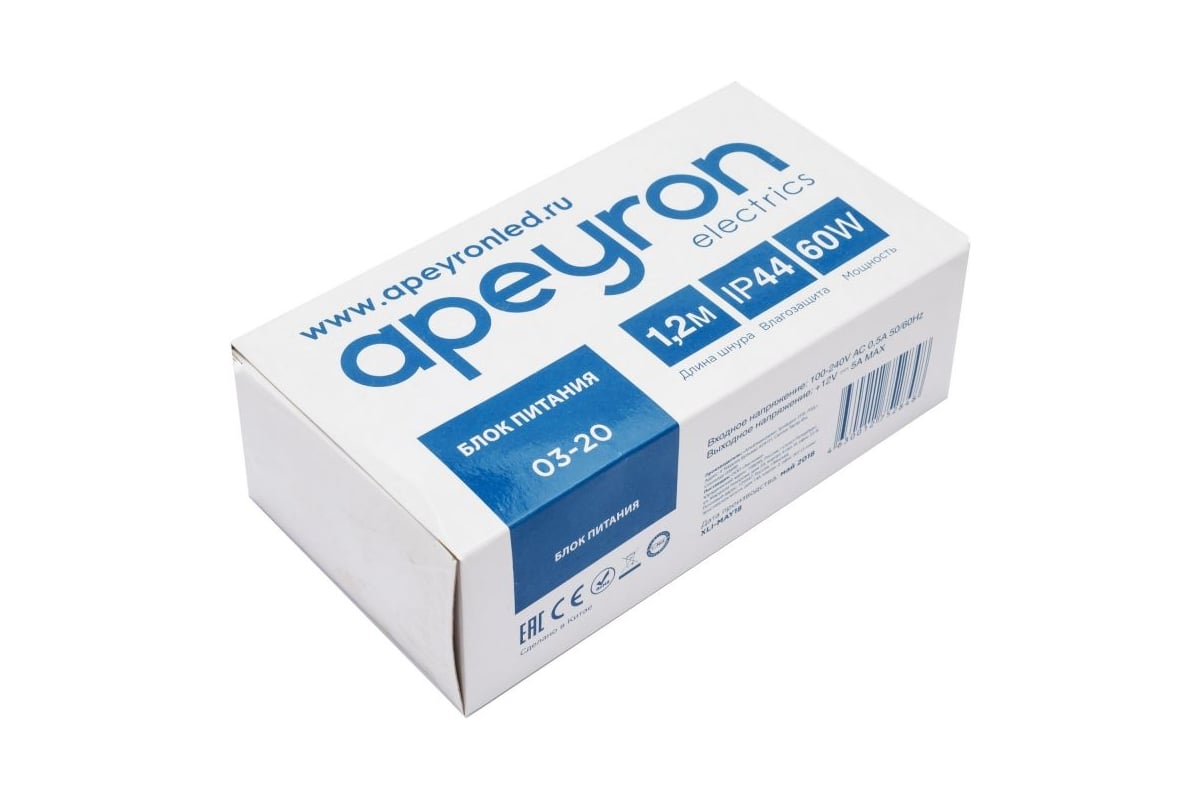 Блок питания APEYRON 12В, 60 Вт, IP44, 5А, разъем 2,5*5,5мм, пластик ...