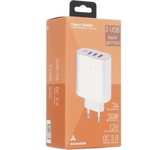 Зарядное устройство Accesstyle topaz 30w3a Topaz 30W3A White
