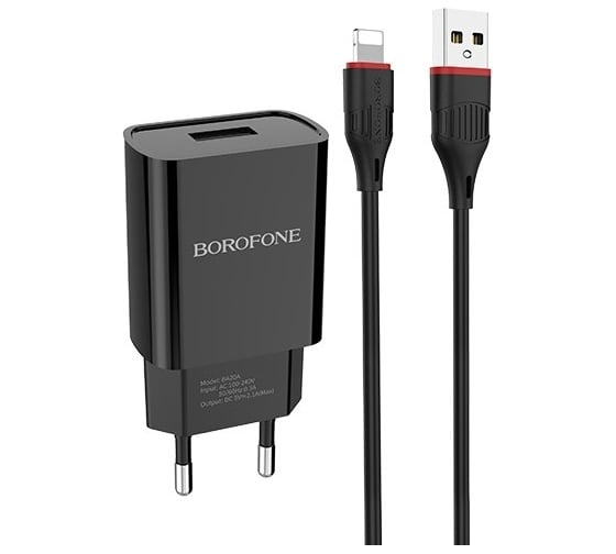 Сетевое зарядное устройство Borofone BA20A, 1хUSB-А + кабель AM-8pin Lightning, 1 м, черный 23752-BA20ABKI