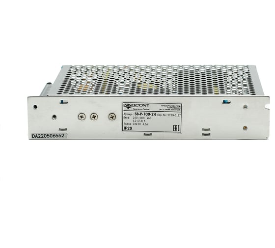 Блок питания INNOCONT -10 +50С, IP20, вход: 220VAC, 1.2А, выход: 100W, 24VDC, 4.5A, типы защиты: КЗ, перегрузка, перенапряжение SB-P-100-24