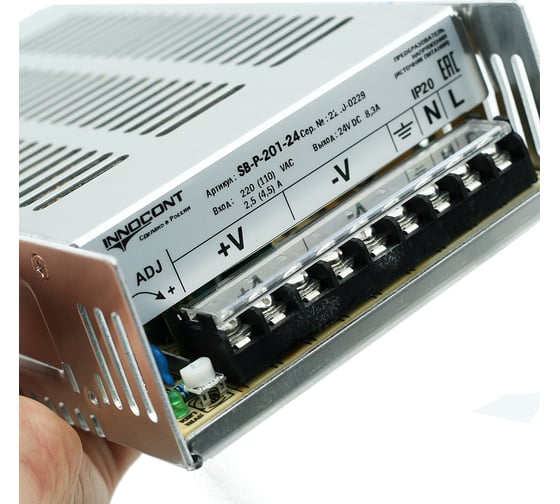 Блок питания INNOCONT -10 +50С, IP20, вход: 220VAC, 2.5А, выход: 200W, 24VDC, 8.3A, типы защиты: КЗ, перегрузка, перенапряжение SB-P-201-24