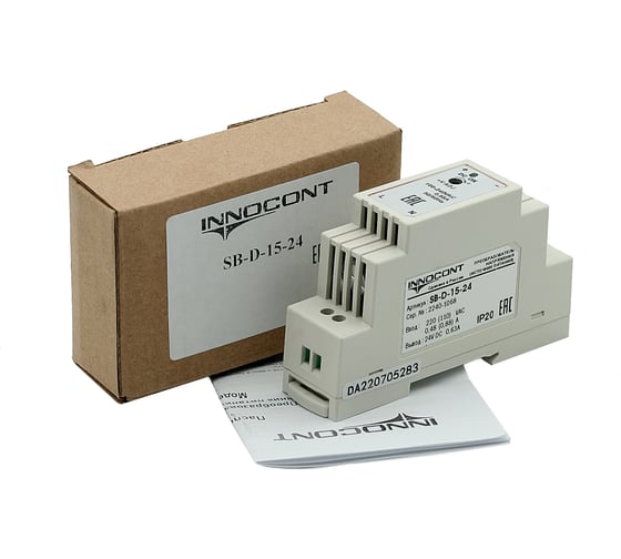 Блок питания INNOCONT -10 +50С, IP20, вход: 220VAC, 0.48А, выход: 15W, 24VDC, 0.63A, типы защиты: КЗ, перегрузка, перенапряжение SB-D-15-24