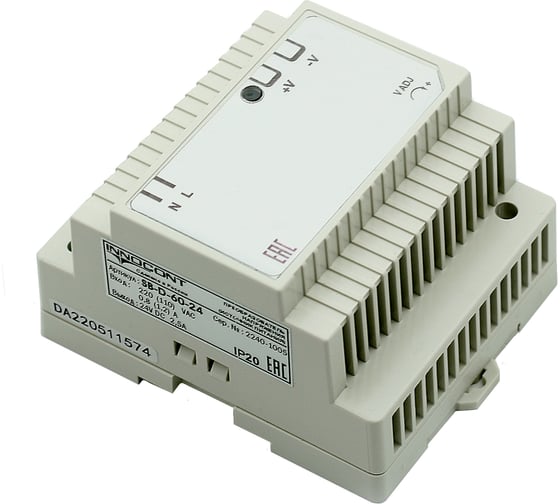 Блок питания INNOCONT -10 +50С, IP20, вход: 220VAC, 0.8А, выход: 60W, 24VDC, 2.5A, типы защиты: КЗ, перегрузка, перенапряжение SB-D-60-24