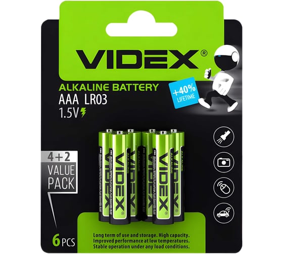 Элементы питания Videx lr3/aaa 6 blister card VID-LR3-6BC 1