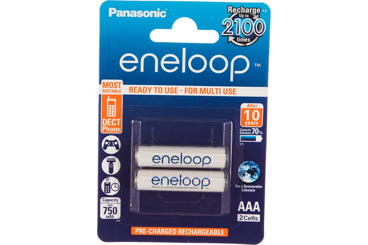 Аккумулятор R03 AAA eneloop Ni-MH 750mAh предзаряженный бл/2 Panasonic  5410853052678 - выгодная цена, отзывы, характеристики, фото - купить в  Москве и РФ