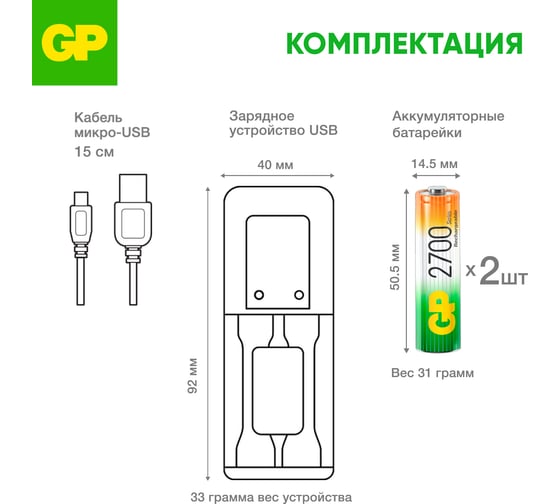 Зарядное устройство GP для аа и ааа аккумуляторов и 2 аккумулятора 2700аа 270AAHC/CPB2-2CR2 GP 270AAHC/CPB2-2CR2