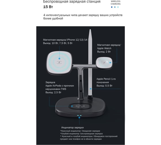 Зарядная беспроводная станция Choetech для iPhone, AirPods, Apple Pencil, с креплением для iWatch 4 в 1 T583-F-101ACBK