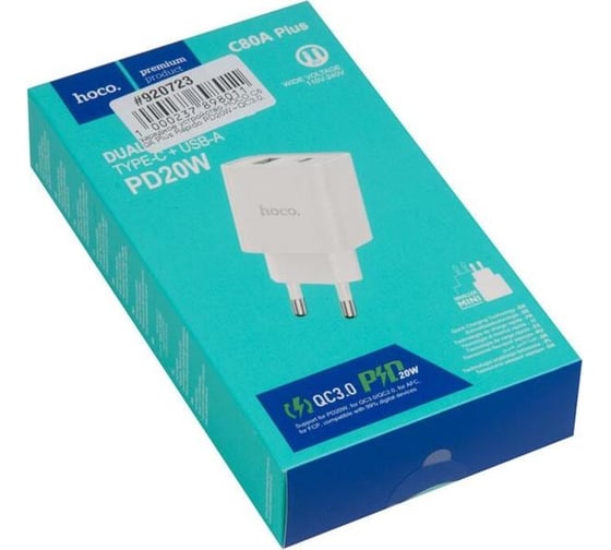 Зарядное устройство Hoco c80a plus rapido pd20w+qc3.0, 1xtype-c, 1xusb, белый 920723