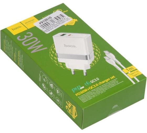 Зарядное устройство Hoco n21 extension speed pd30w+qc3.0, 1xusb-a, 1xtype-c, кабель type-c - type-c, белый 913510
