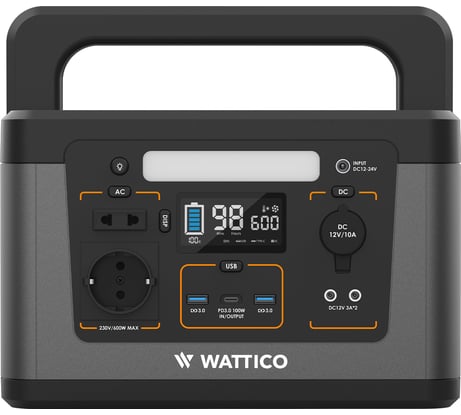 Портативная зарядная станция WATTICO Camp 600 PRO. 600W, 124000mAh 00-00000016