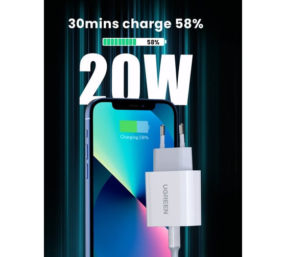 Набор адаптер и кабель usb-c - lightning Ugreen cd137 (50698) pd fast charger 20w + usb-c to lightning cable eu. цвет: белый  _ 50698