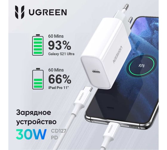 Сетевое зарядное устройство Ugreen cd127 pd 30w usb-c wall charger eu. цвет: белый 70161