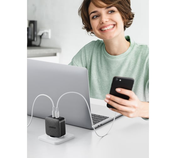 Сетевое зарядное устройство Ugreen cd216 2 usb-c 66w pd charger. цвет: черный 70867