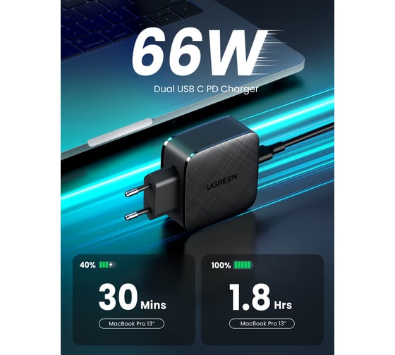 Сетевое зарядное устройство Ugreen cd216 2 usb-c 66w pd charger. цвет: черный 70867