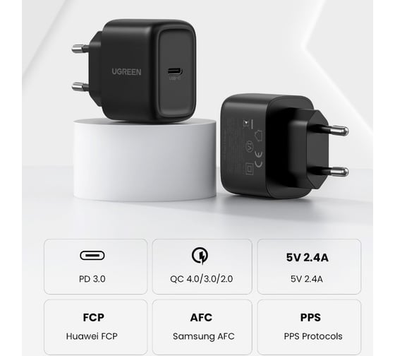 Сетевое зарядное устройство с кабелем Ugreen cd250 (50581) usb-c 25w pd charger + c-c 2m cable eu. цвет: черный 50581_