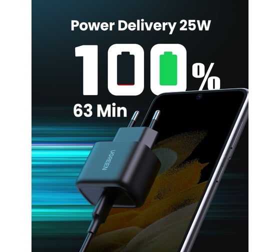 Сетевое зарядное устройство с кабелем Ugreen cd250 (50581) usb-c 25w pd charger + c-c 2m cable eu. цвет: черный 50581_