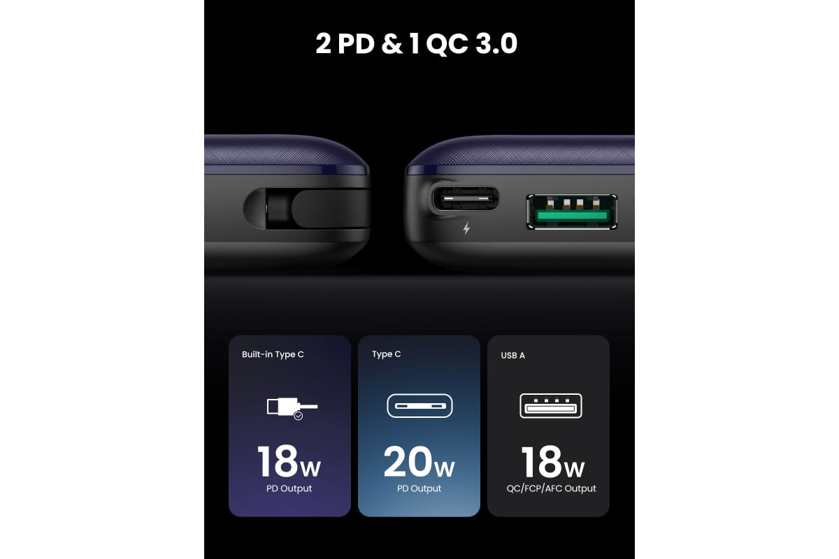UGREEN PB172 10,000MAH PD 20W PORTABLE POWERBANK WITH BUILT-IN
