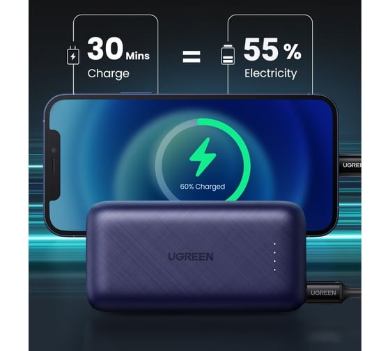Внешний аккумулятор Ugreen pb172 power bank pd 20w 10000mah with type-c cable с кабелем. цвет: синий 80917