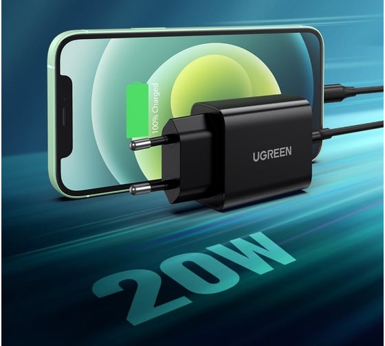Зарядное устройство Ugreen cd137 (10191) fast charging power adapter with pd 20w eu. цвет: черный _ 10191