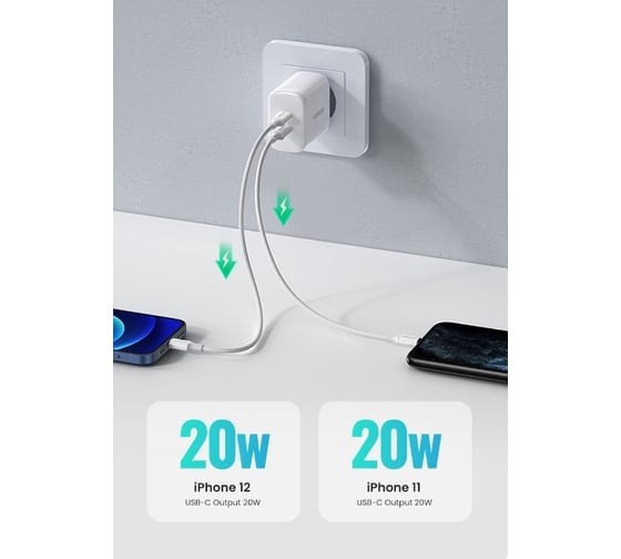 Зарядное устройство Ugreen cd243 (10343) usb-c+usb-c pd fast charger 40w eu. цвет: белый _ 10343