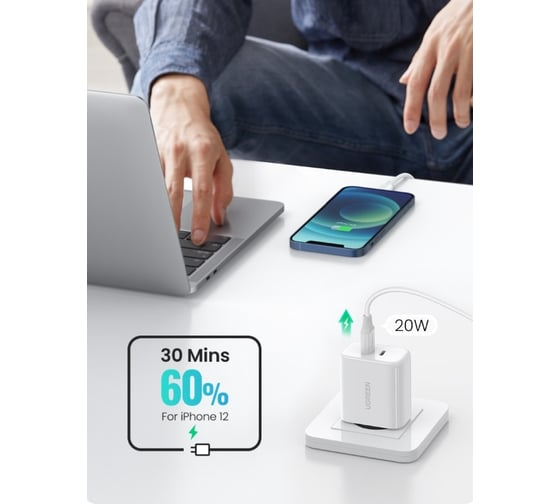 Зарядное устройство Ugreen cd243 (10343) usb-c+usb-c pd fast charger 40w eu. цвет: белый _ 10343
