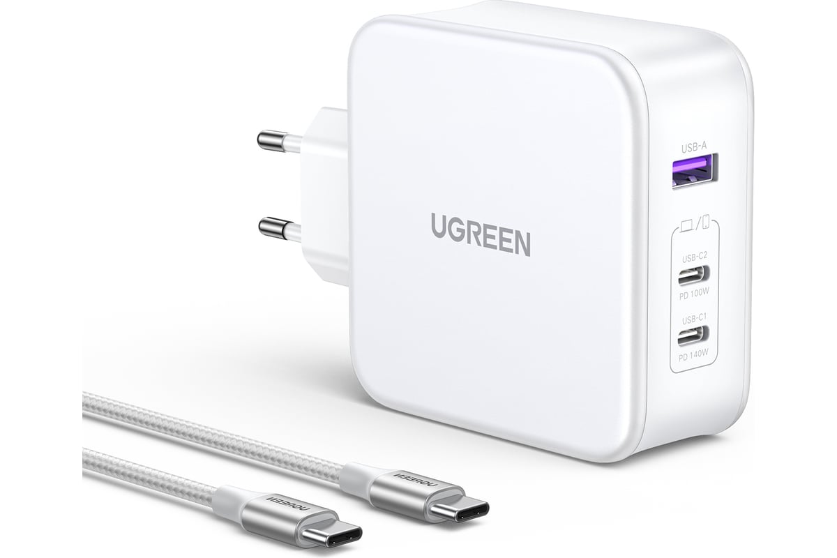 Зарядное устройство Ugreen cd289 (15339) nexode usb-a+2 usb-c 140w gan tech  fast charger с кабелем usb-c к usb-c. длина кабеля: 2м. цвет: белый 15339_  - выгодная цена, отзывы, характеристики, фото - купить