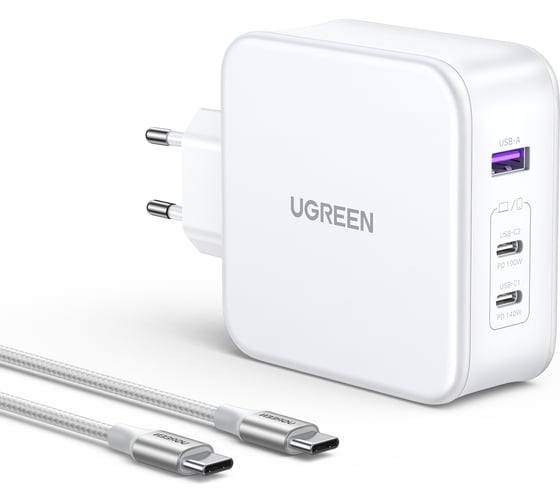 Зарядное устройство Ugreen cd289 (15339) nexode usb-a+2 usb-c 140w gan tech fast charger с кабелем usb-c к usb-c. длина кабеля: 2м. цвет: белый 15339_ 1