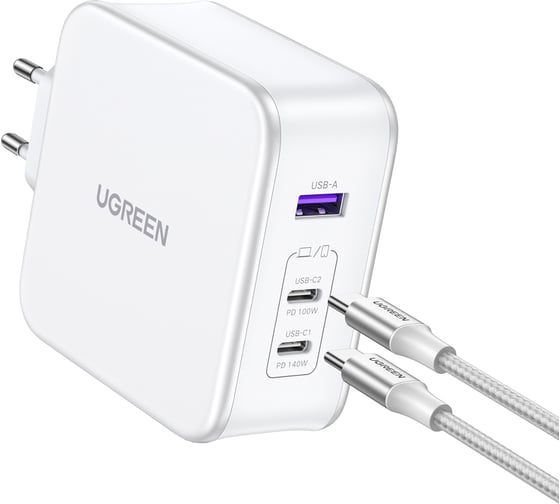 Зарядное устройство Ugreen cd289 (15339) nexode usb-a+2 usb-c 140w gan tech fast charger с кабелем usb-c к usb-c. длина кабеля: 2м. цвет: белый 15339_