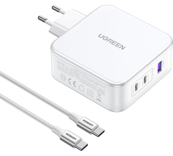 Зарядное устройство Ugreen cd289 (15339) nexode usb-a+2 usb-c 140w gan tech fast charger с кабелем usb-c к usb-c. длина кабеля: 2м. цвет: белый 15339_