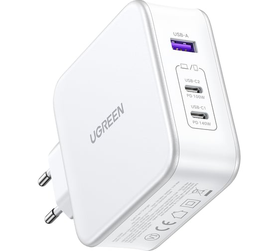 Зарядное устройство Ugreen cd289 (15339) nexode usb-a+2 usb-c 140w gan tech fast charger с кабелем usb-c к usb-c. длина кабеля: 2м. цвет: белый 15339_