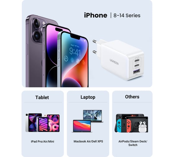 Сетевое зарядное устройство Ugreen cd244 (15334) nexode usb-a+2 usb-c 65w gan tech fast charger eu. цвет: белый 15334_