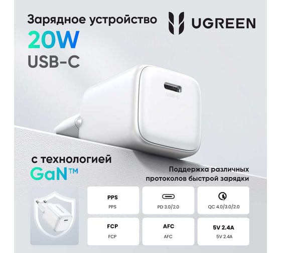 Сетевое зарядное устройство Ugreen cd318 (15324) nexode mini usb-c 20w pd gan fast charger eu. цвет: белый 15324_