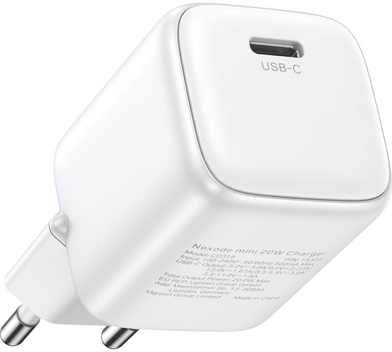 Сетевое зарядное устройство Ugreen cd318 (15324) nexode mini usb-c 20w pd gan fast charger eu. цвет: белый 15324_