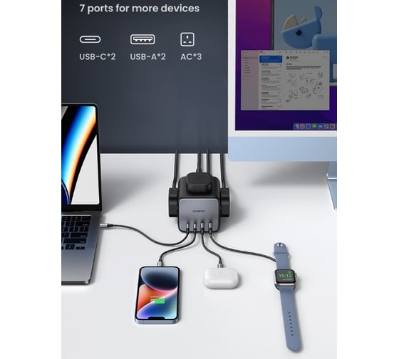Сетевое зарядное устройство Ugreen cd268 (60113) diginest cube charging station 65w with 2usb-c and 2 usb-a. цвет: серый космос 60113_