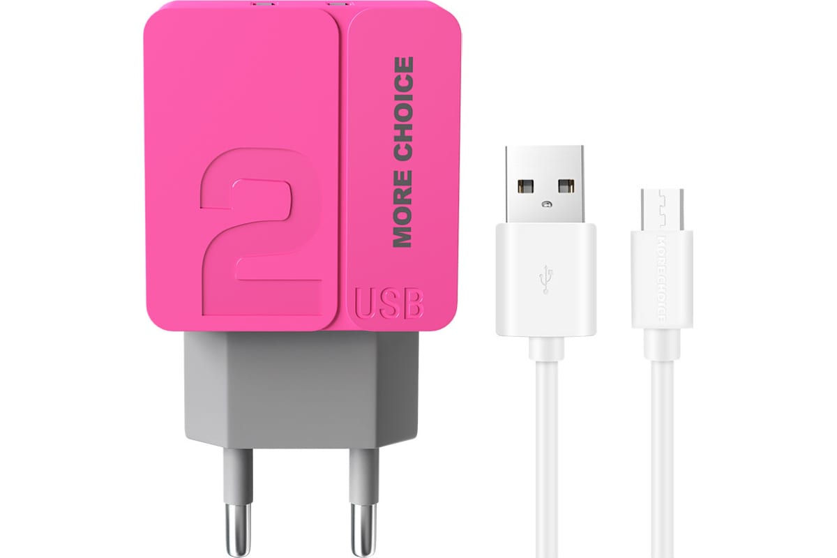 Сетевое зарядное устройство More Choice 2USB 2.4A для micro USB 1 м NC46m  Pink - выгодная цена, отзывы, характеристики, фото - купить в Москве и РФ