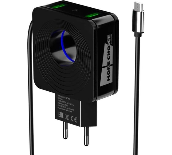 Сетевое зарядное устройство More Choice 2USB 2.1A для Type-C со встроенным кабелем и LED подсветкой NC48a Black 1