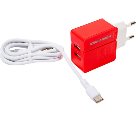 Сетевое зарядное устройство More Choice 2USB 2.4A для Type-C 1м NC46a Red