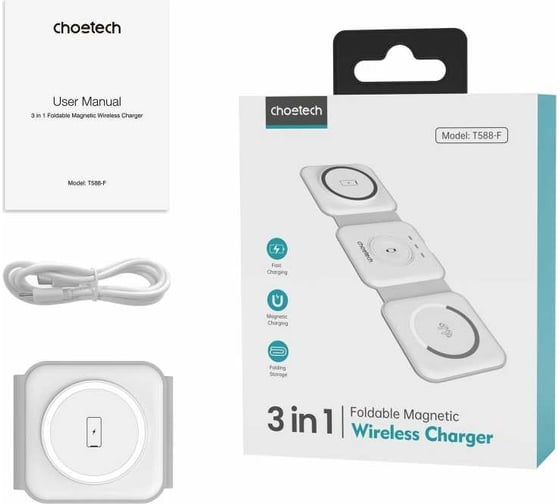 Беспроводное зарядное устройство Choetech 3-в-1 (iPhone+AirPodsPro+iWatch) 15 Вт складное, цвет белый T588-F-CCWH
