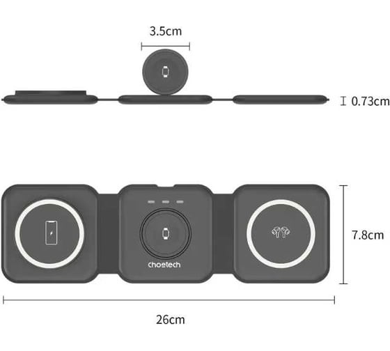 Беспроводное зарядное устройство Choetech 3-в-1 (iPhone+AirPodsPro+iWatch) 15 Вт складное, цвет черный T588-F-CCBK