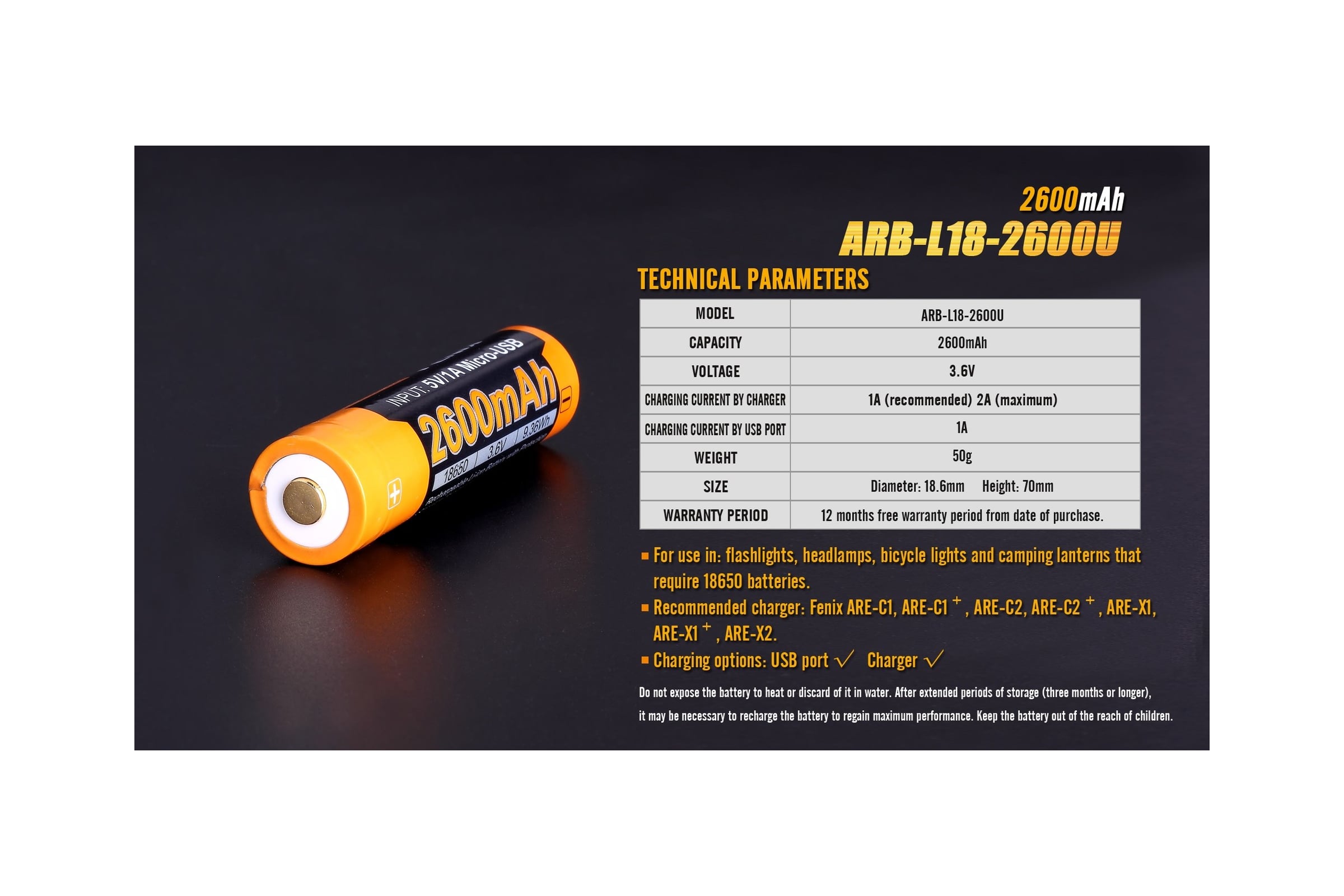 Аккумулятор Fenix 18650 с разъемом для USB ARB-L18-2600U