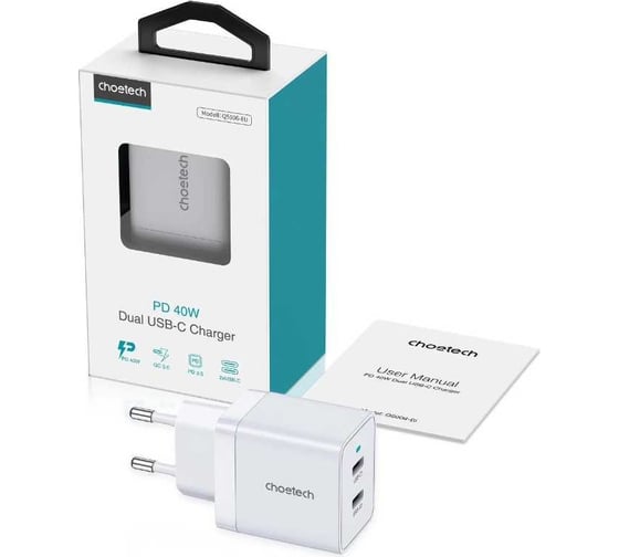 Сетевое зарядное устройство Choetech 40Вт (2xUSB-C) PD/PPS, цвет белый Q5006-EU-WH