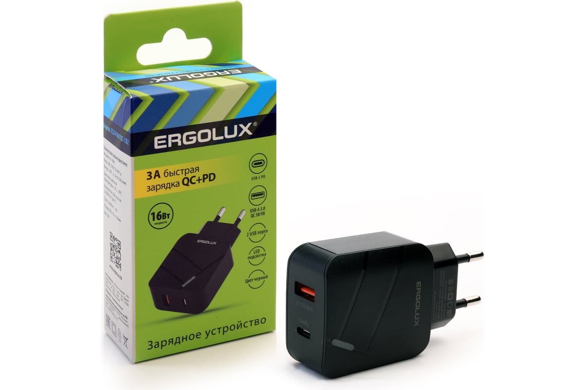 Сетевой адаптер 1usb+1type c Ergolux Elx-рa01qc-c02 100-220в, 5-9v/3а, qc,  черный, коробка 15108 - выгодная цена, отзывы, характеристики, фото -  купить в Москве и РФ