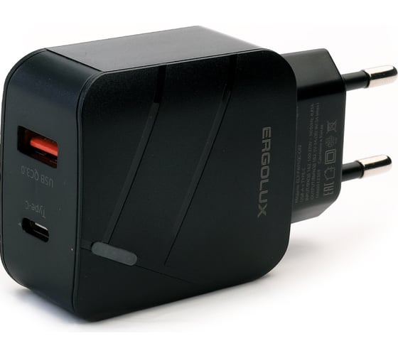 Сетевой адаптер 1usb+1type c Ergolux Elx-рa01qc-c02 100-220в, 5-9v/3а, qc, черный, коробка 15108